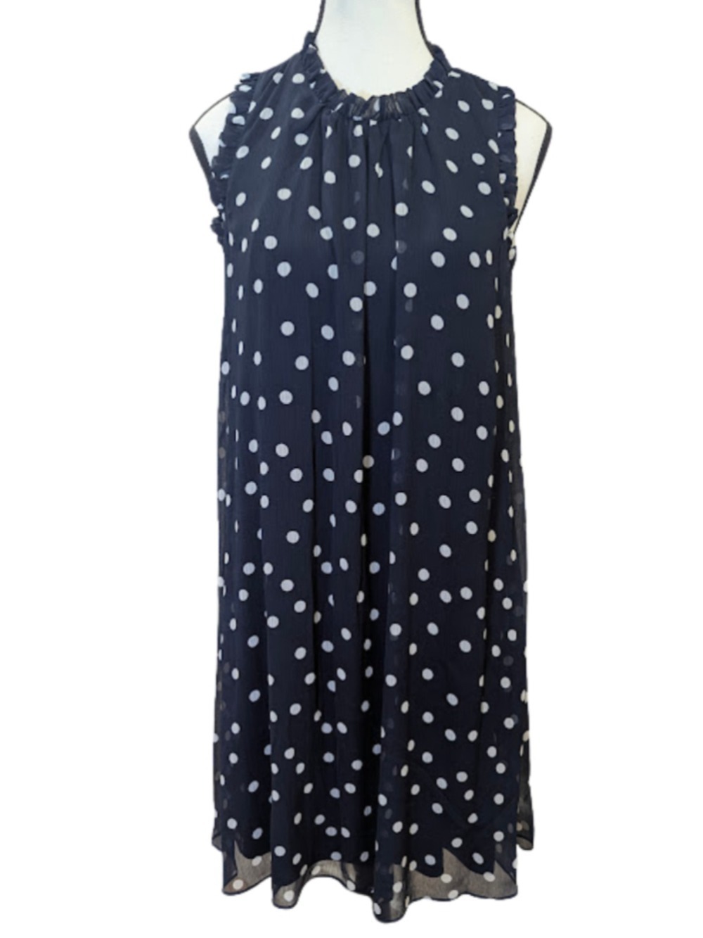 Tommy Hilfiger Polka Dot Dress Women's Size 8 Navy White Ruffle Neck Preppy Chic
